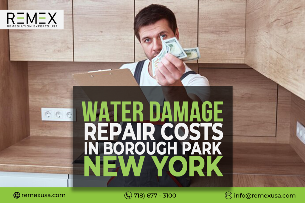 Advertisement for water damage repair costs in Borough Park, New York, featuring a man holding cash in front of a wooden cabinet.