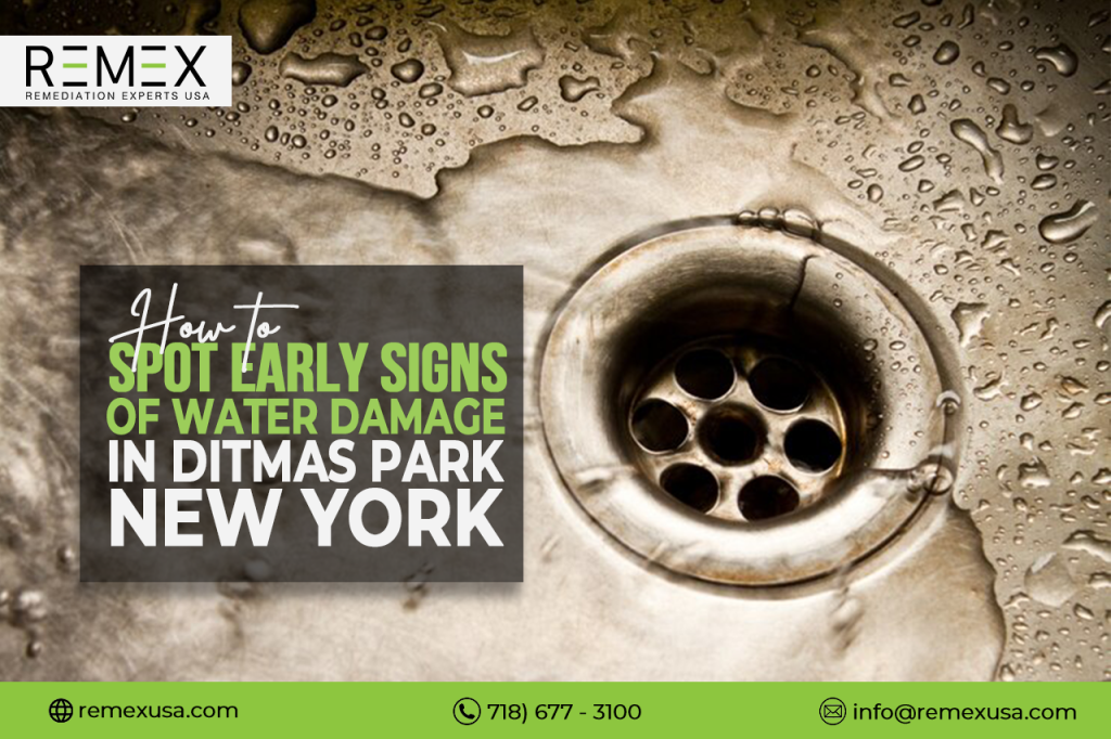Promotional advertisement featuring a close-up view of a drain in a sink with water droplets around it, emphasizing the importance of spotting early signs of water damage.
