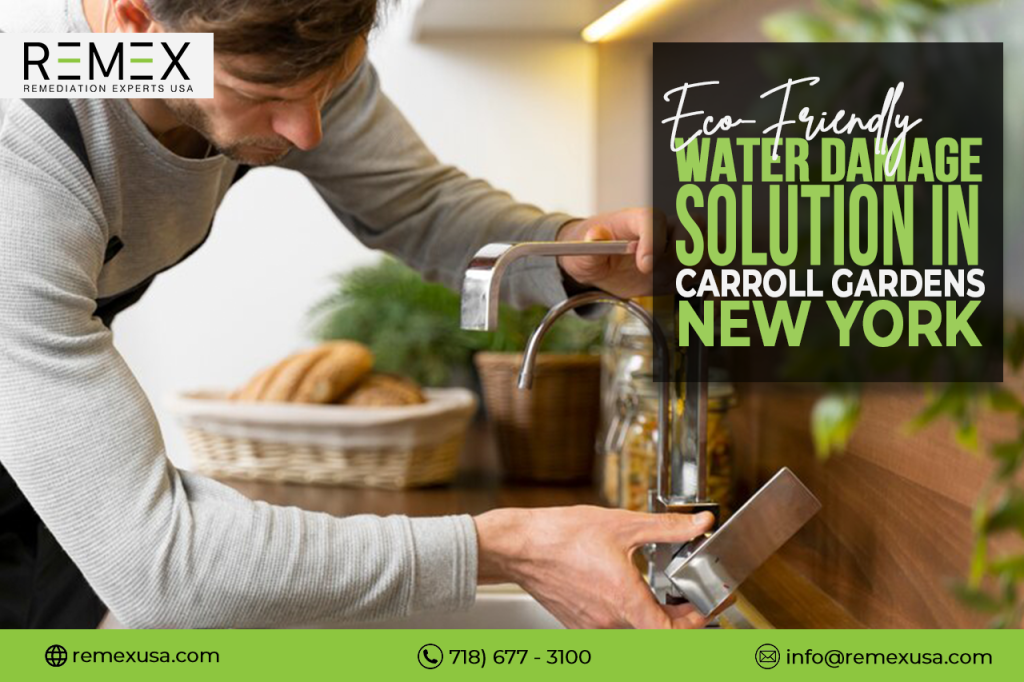 Man turning off a tap to conserve water, with the logo and contact details of REMEX USA, highlighting their eco-friendly water damage solutions in Carroll Gardens, New York.