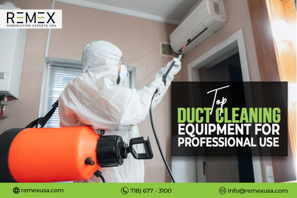 Professional in protective gear using specialized duct cleaning equipment in an indoor setting