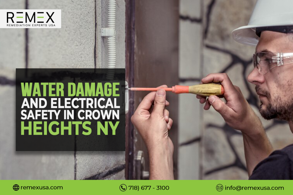 Electrician inspecting wiring for water damage and electrical safety in Crown Heights NY, with Remex USA branding.