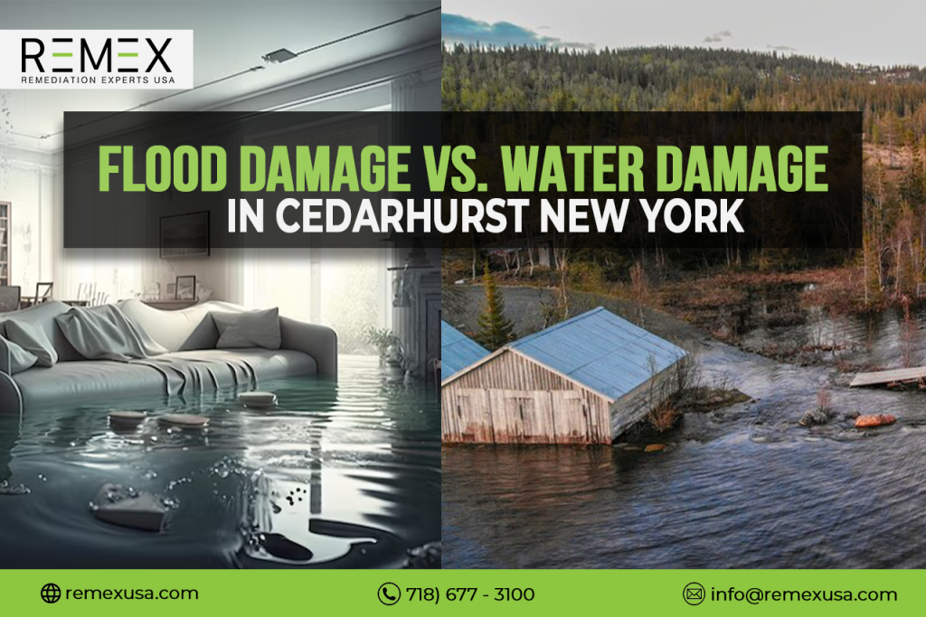 Flooded living room on the left representing flood damage and an inundated rural house on the right depicting water damage, with Remex USA branding and contact information.
