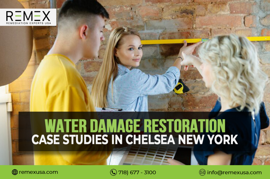 Remex USA team conducting water damage restoration case studies in a Chelsea, NY building.