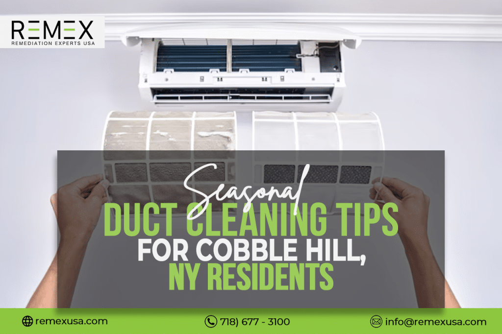 Expert showcasing a dirty air filter before performing seasonal duct cleaning for Cobble Hill, NY residents.