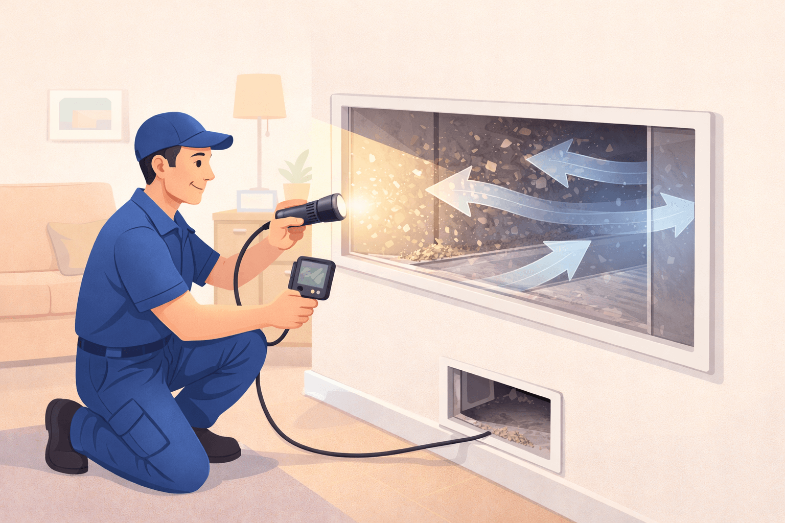 HVAC technician inspecting air duct system