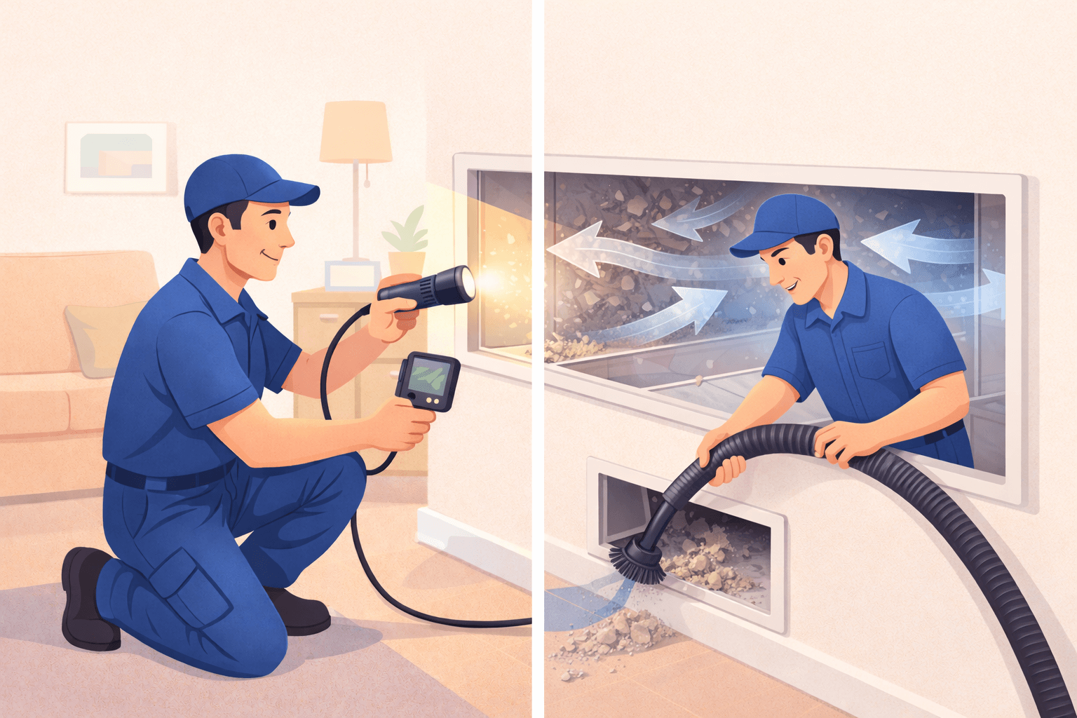 HVAC technicians servicing air ducts